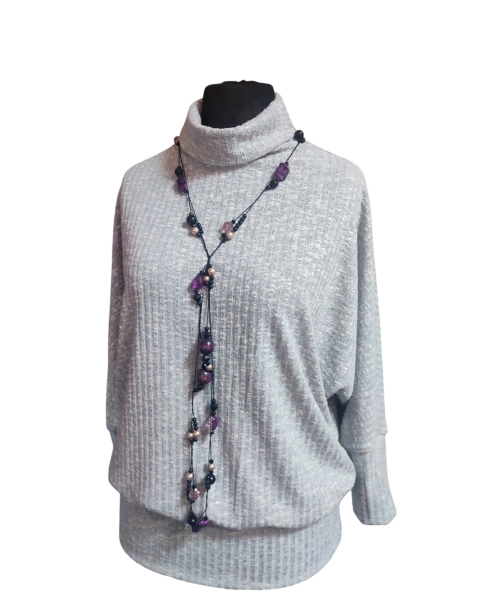 Cieplutki sweter KIMONO z golfem - szary prążek z połyskiem